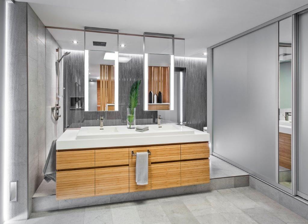 Floating Bathroom Double Vanity With Flat-Panel Wood Cabinets