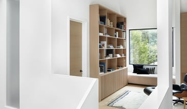 Luxury Japandi Style Custom Home With Wood Built-In Bookshelf
