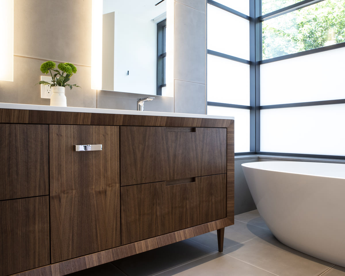 Custom double bathroom vanity and freestanding tub in Toronto home renovation