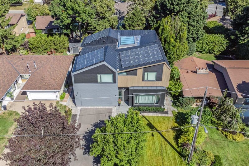 Drone view of modern zinc cladding on Toronto custom home by SevernWoods