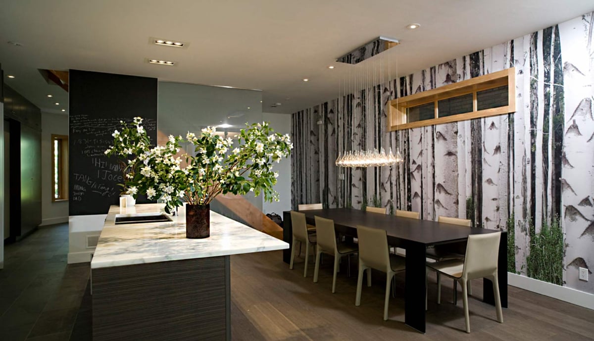 dining-room-marble-island-birch-wallpaper-chalkboard-wall-annex-severnwoods-toronto