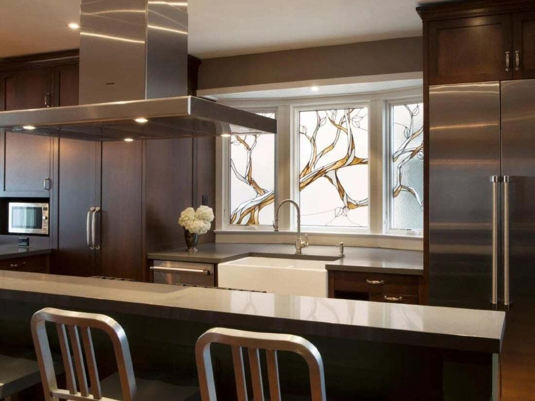 kitchen-dark-walnut-cabinets-stainless-hood-stained-glass-window-playter-estates-severnwoods-toronto
