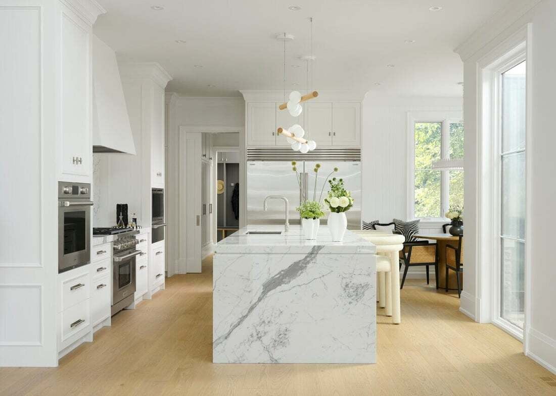 kitchen-white-shaker-cabinets-marble-waterfall-island-white-oaks-manor-severnwoods-toronto