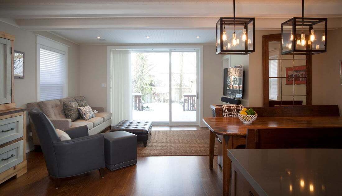 open-living-dining-industrial-chandeliers-sliding-door-playter-estates-severnwoods-toronto