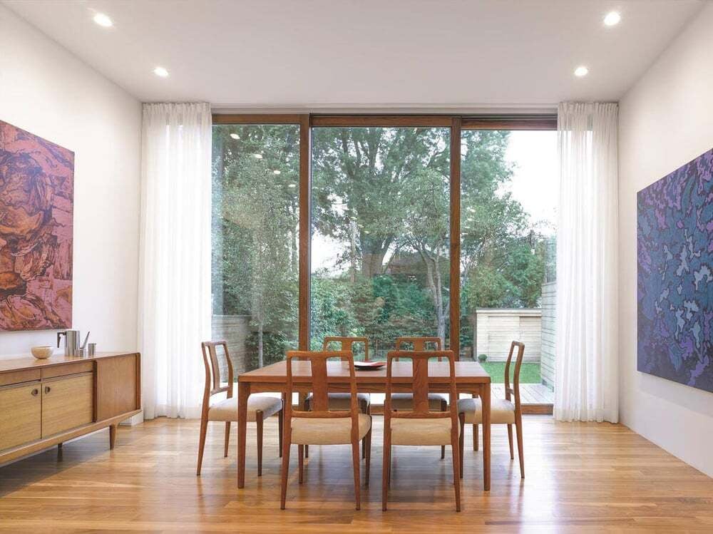 dining-room-wide-angle-teak-furniture-floor-to-ceiling-glass-counterpoint-severnwoods-toronto