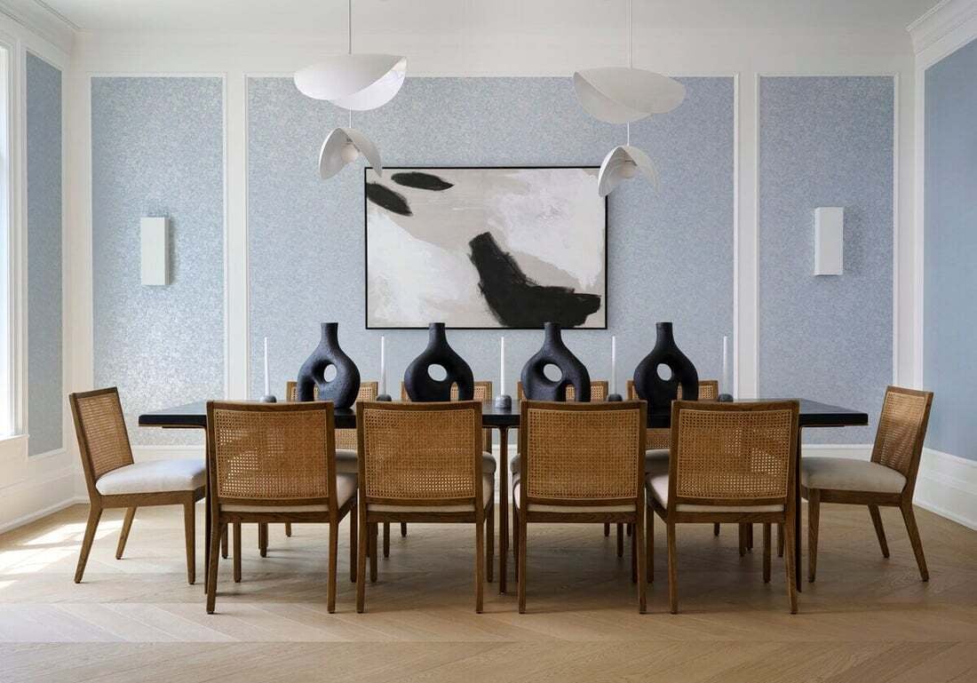 dining-room-cane-chairs-blue-grasscloth-wallpaper-abstract-art-white-oaks-manor-severnwoods-toronto
