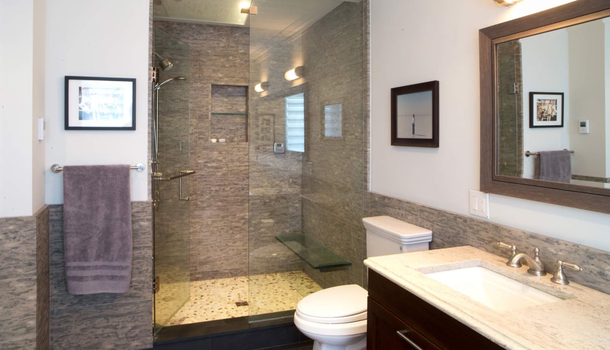 Walk-in shower in bathroom with built-in shower niche in Leaside, Toronto custom home