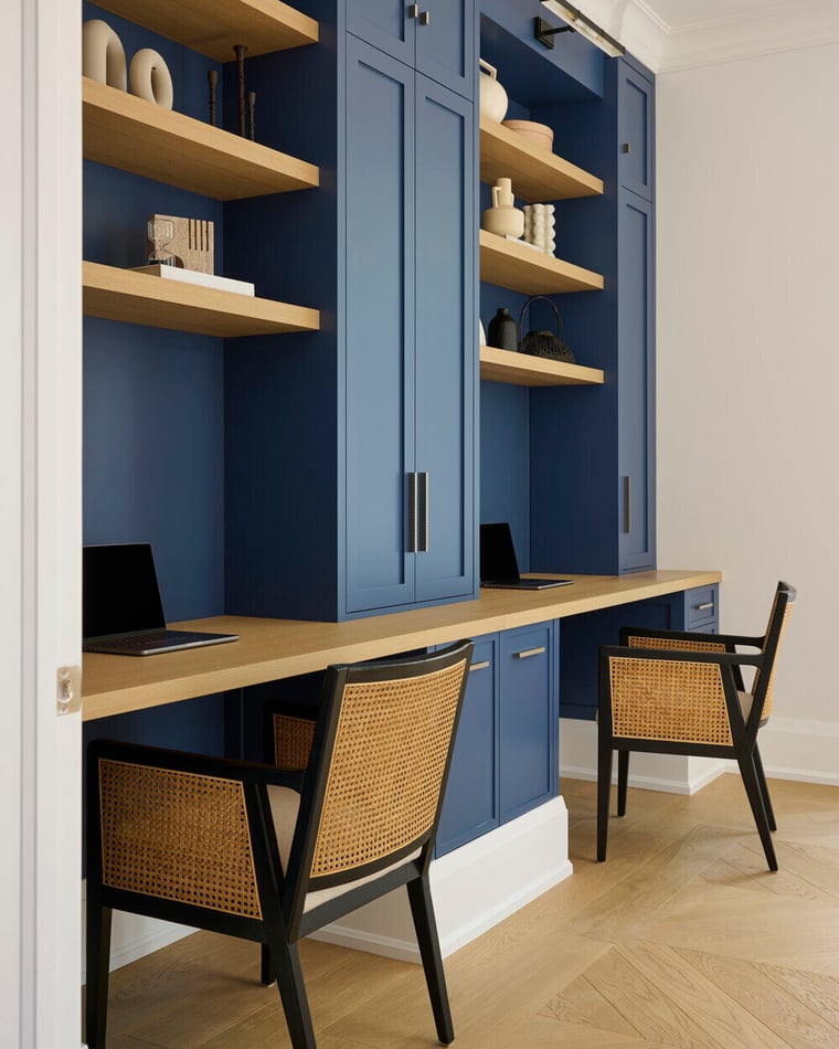 Dual built-in workspace with navy cabinets by Bloomsbury Kitchens and wood shelves in SevernWoods Toronto home, photographed by Alex Lukey Photography.