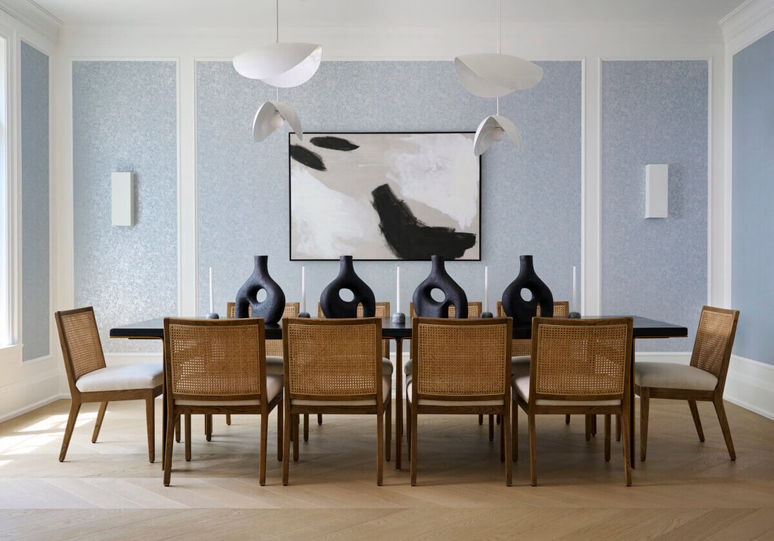 Dining room with white oak chevron flooring in Toronto custom home by SevernWoods