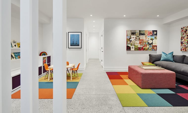 basement with colourful mats in 10 foot ceilings in toronto because of underpinning