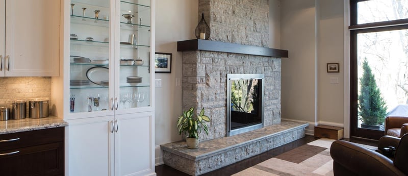custom Rumford fireplace clad with a blue veined Ontario limestone