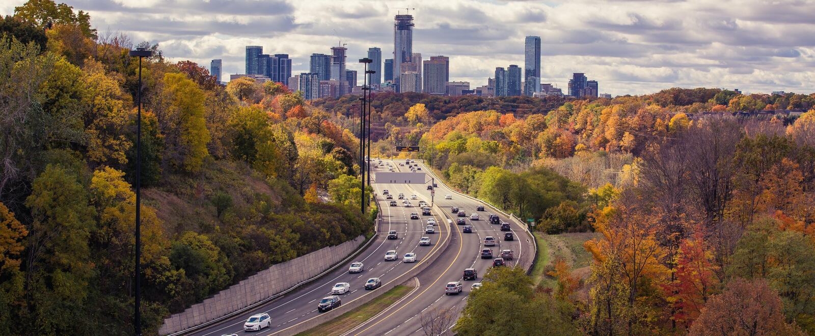 Leaside Bridge in Toronto looking over the street with city in background