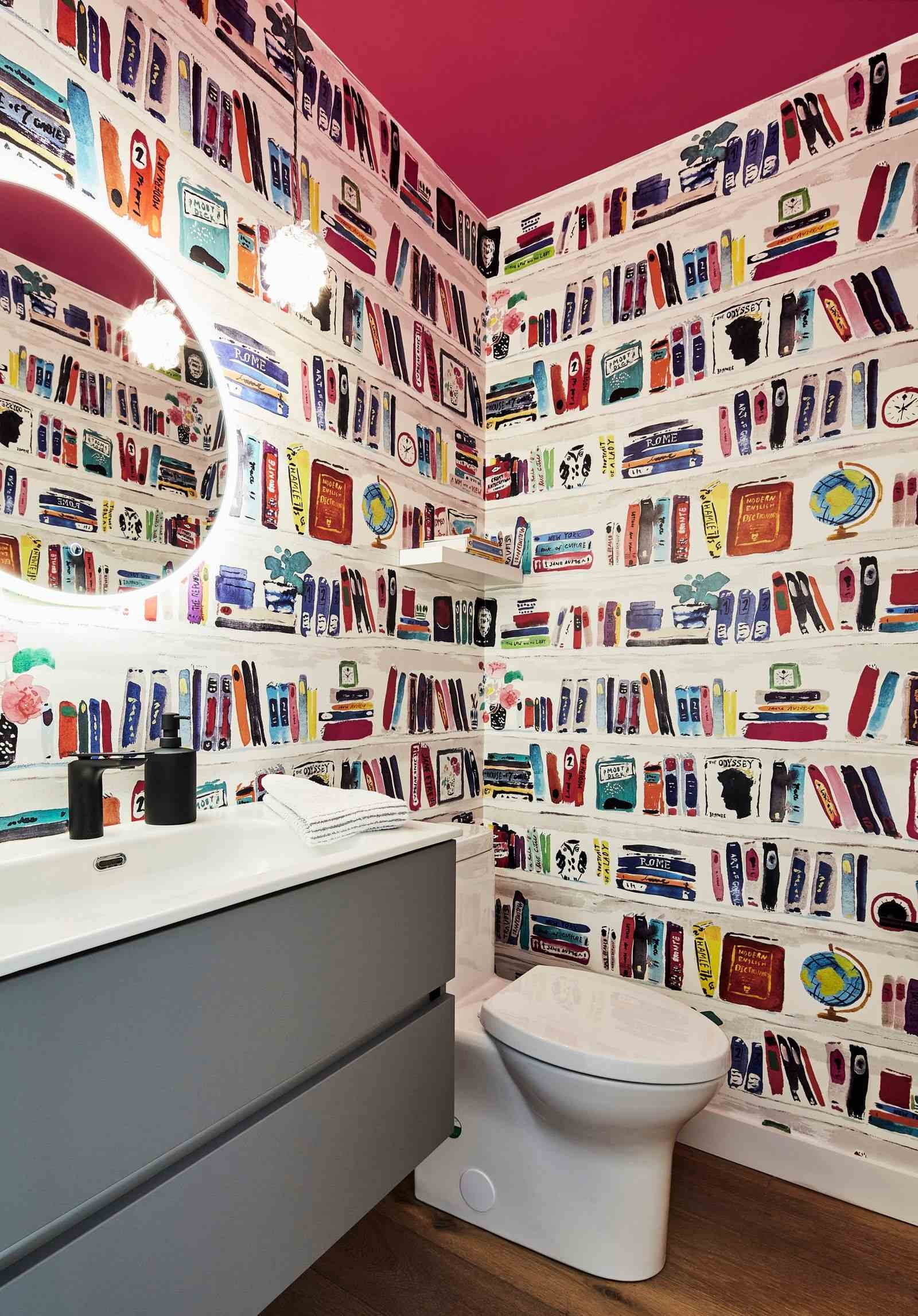 modern colourful custom wallpaper in bathroom home renovation in toronto