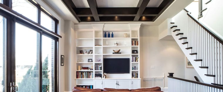 modern toronto home with 11 foot  vaulted ceiling and custom built in shelving