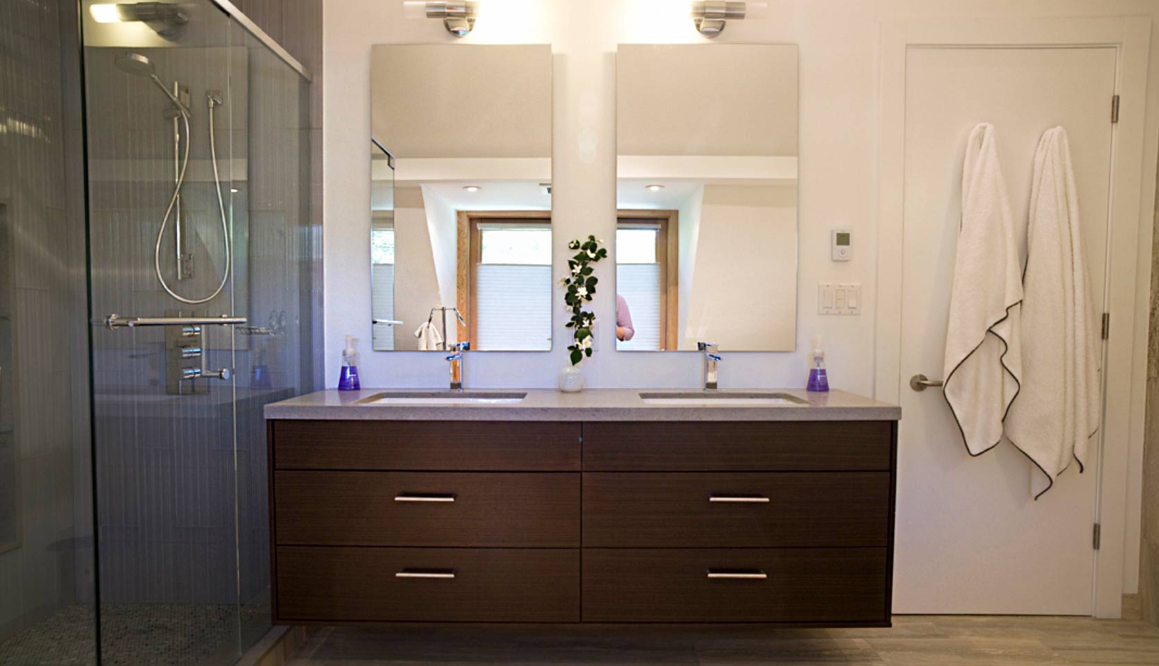 ensuite-floating-double-vanity-dark-wood-glass-shower-annex-severnwoods-toronto