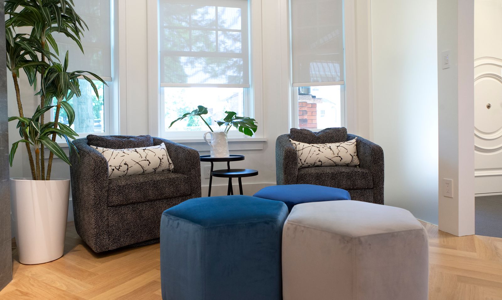 Living space area of custom home with plants, two chairs, and colourful ottomans