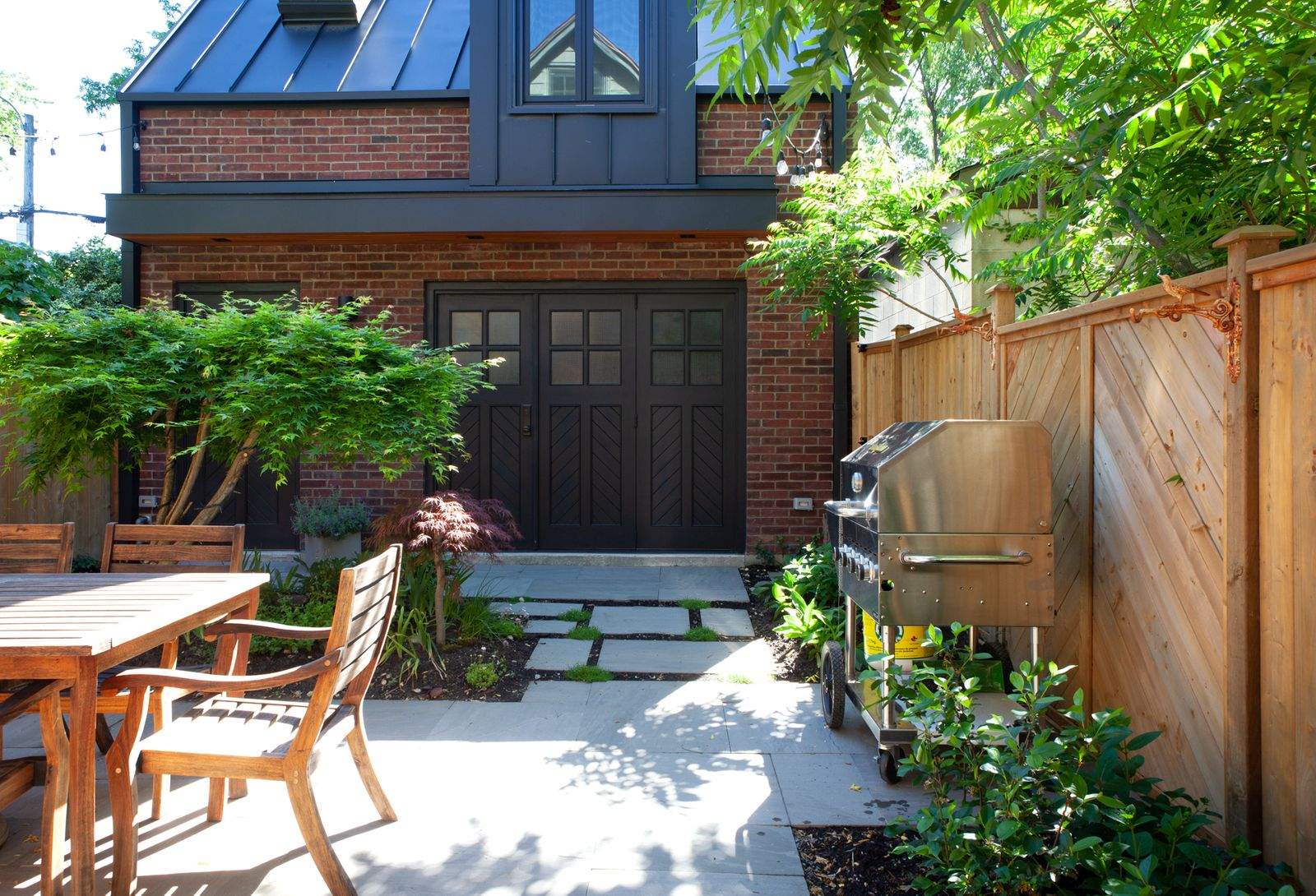 Backyard of traditional brick laneway house with outdoor living space