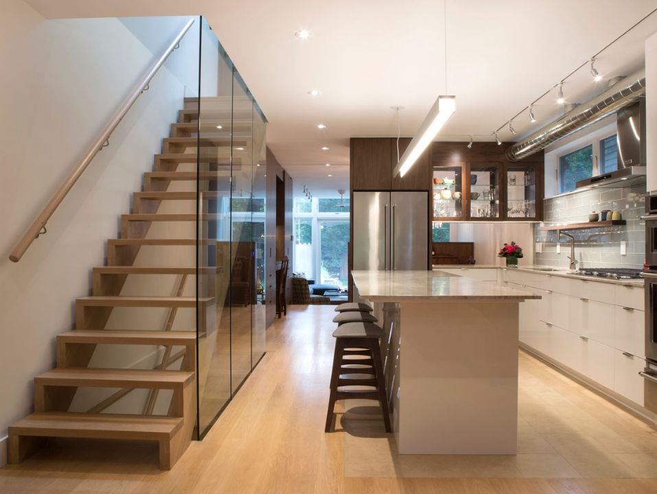 upper beach custom kitchen renovation in toronto with floating staircase and glass siding-1